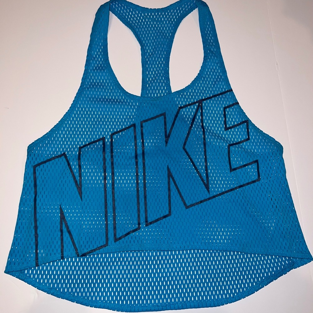 Nike Mesh Racerback Tank Top Womens Blue Teal Fair Oversized Logo Cropped Sporty